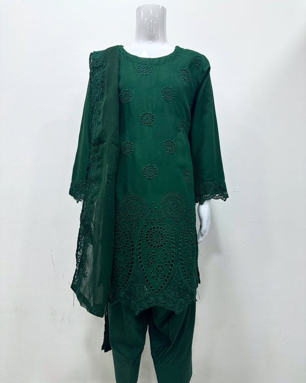 Simrans Girls Boho Chikankari Emerald Green Embroidered Farshi Suit