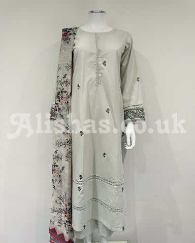 Nazneen Ladies Grey Embroidered Kameez Flary Suit