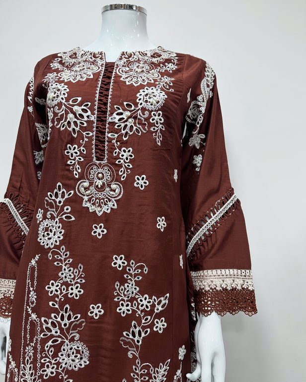 Simrans Ivana Lux Farshi Dark Brown Viscose Embroidered Suit