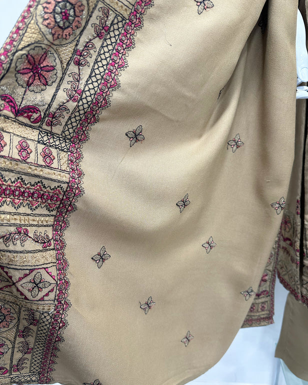 RAFIA Designer Sand Dhanak Heavy Embroidered Shawl Suit