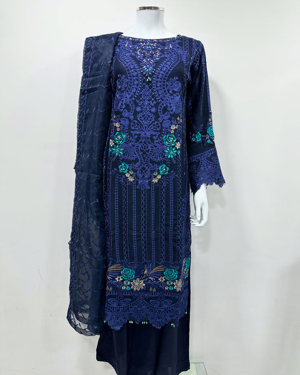 Simrans Navy Embellished Chiffon Kameez Suit