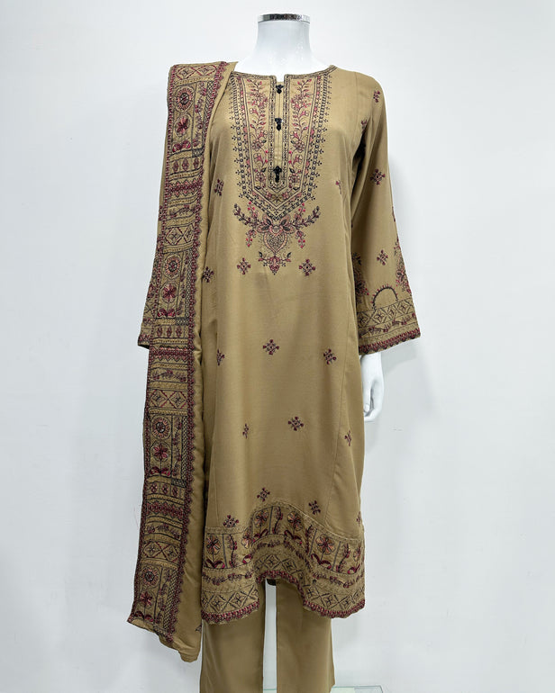 RAFIA Designer Sand Dhanak Heavy Embroidered Shawl Suit