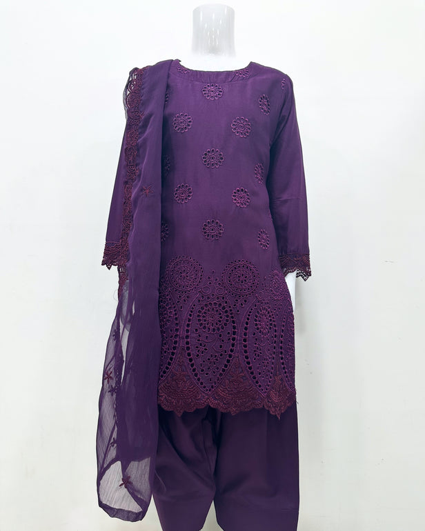 Simrans Girls Boho Chikankari Purple Embroidered Farshi Suit