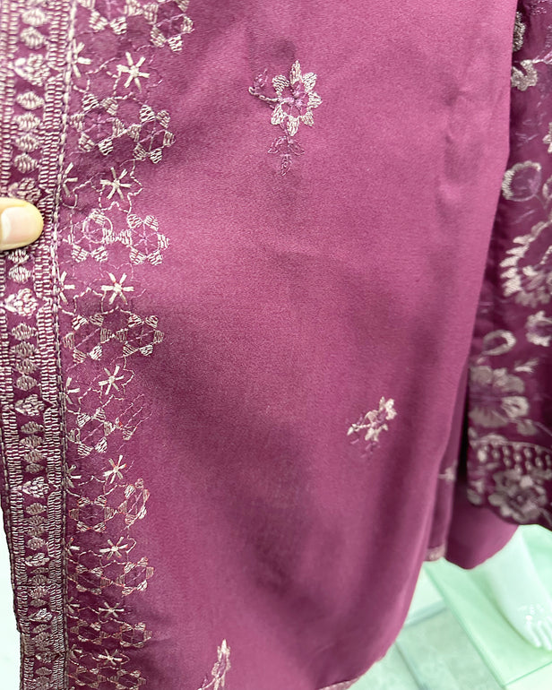 RAFIA Designer Plum Dhanak Heavy Embroidered Shawl Suit