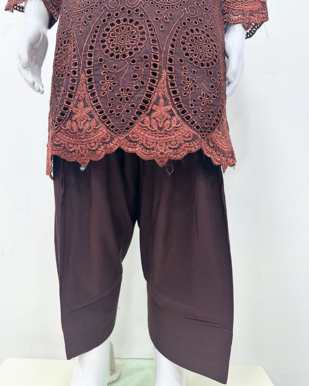 Simrans Girls Boho Chikankari Brown Embroidered Farshi Suit
