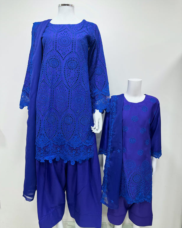 Simrans Girls Boho Chikankari Cobalt Blue Embroidered Farshi Suit
