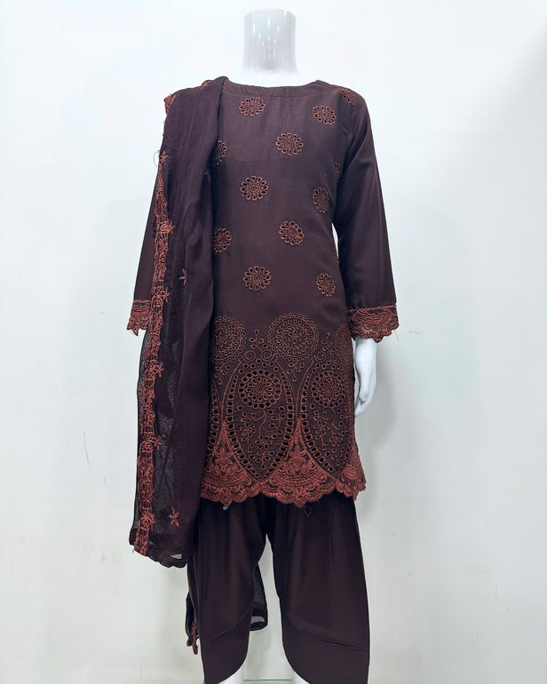 Simrans Girls Boho Chikankari Brown Embroidered Farshi Suit