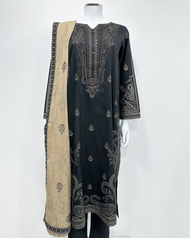 RAFIA Designer Black Dhanak Heavy Embroidered Shawl Suit