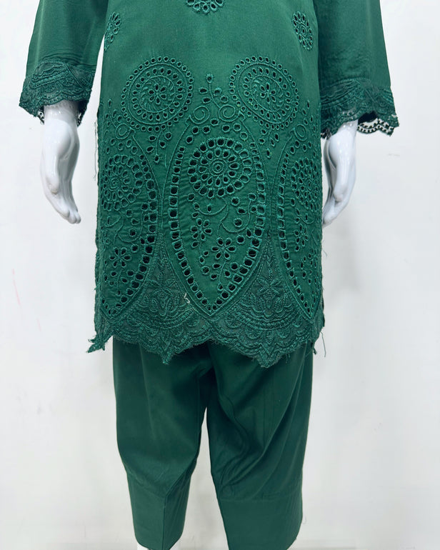 Simrans Girls Boho Chikankari Emerald Green Embroidered Farshi Suit