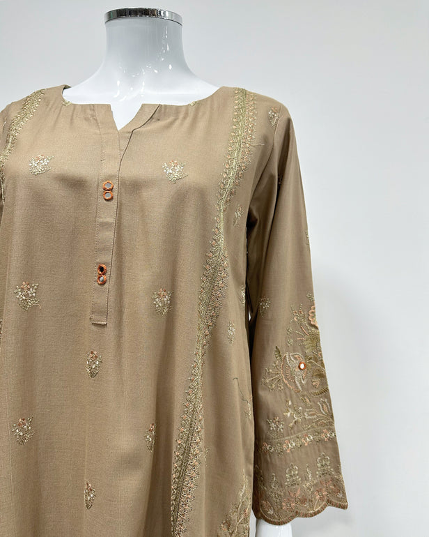 RAFIA Designer Beige Contrast Khaddar Kameez Suit