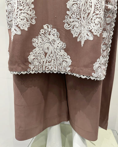 Simrans Mocha Linen White Contrast Fancy Embroidered Suit