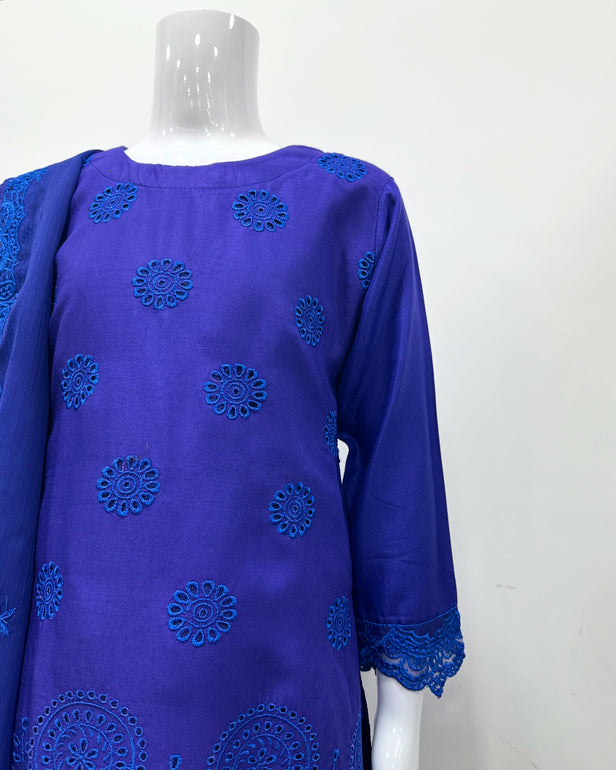 Simrans Girls Boho Chikankari Cobalt Blue Embroidered Farshi Suit