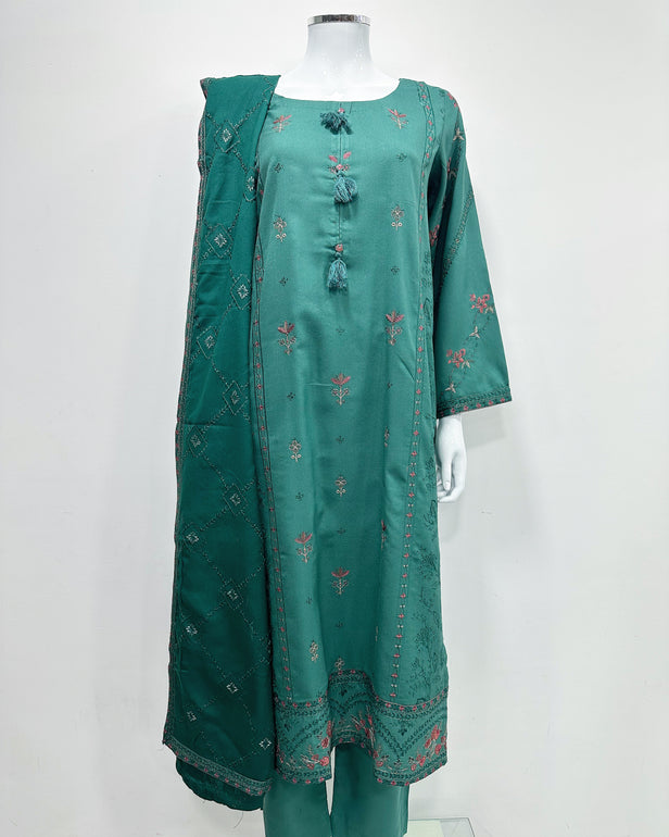 RAFIA Designer Sea Green Dhanak Heavy Embroidered Shawl Suit