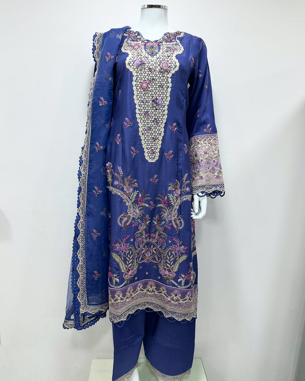 Simrans Ivana Lux Farshi Periwinkle Viscose Embroidered Suit
