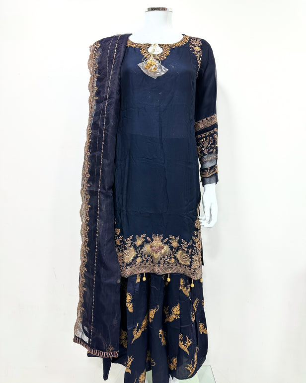 Simrans Navy Chiffon Block Print Garara Suit