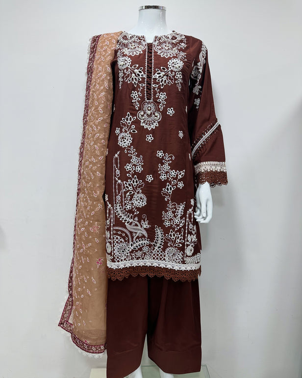 Simrans Ivana Lux Farshi Dark Brown Viscose Embroidered Suit