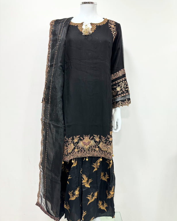 Simrans Black Chiffon Block Print Garara Suit