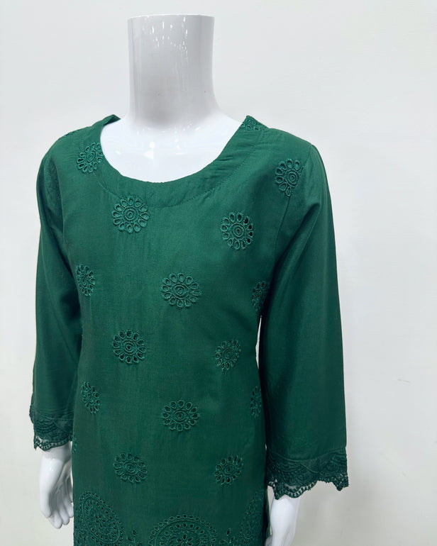 Simrans Girls Boho Chikankari Emerald Green Embroidered Farshi Suit