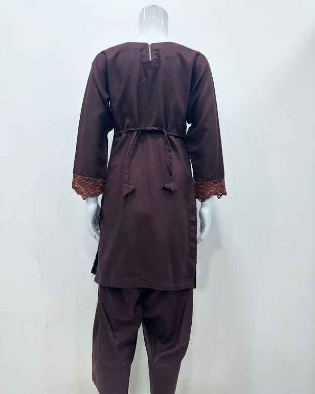 Simrans Girls Boho Chikankari Brown Embroidered Farshi Suit