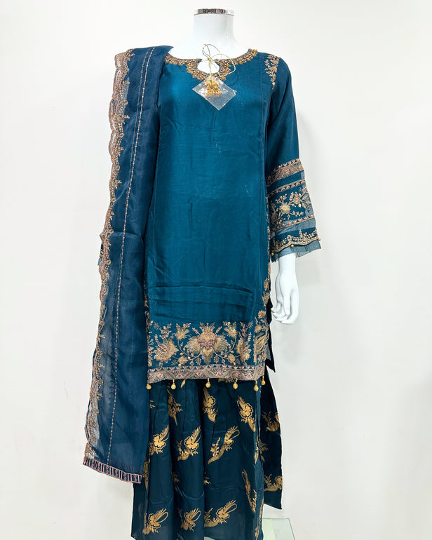 Simrans Teal Chiffon Block Print Garara Suit