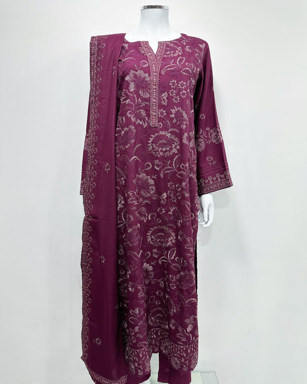RAFIA Designer Plum Dhanak Heavy Embroidered Shawl Suit
