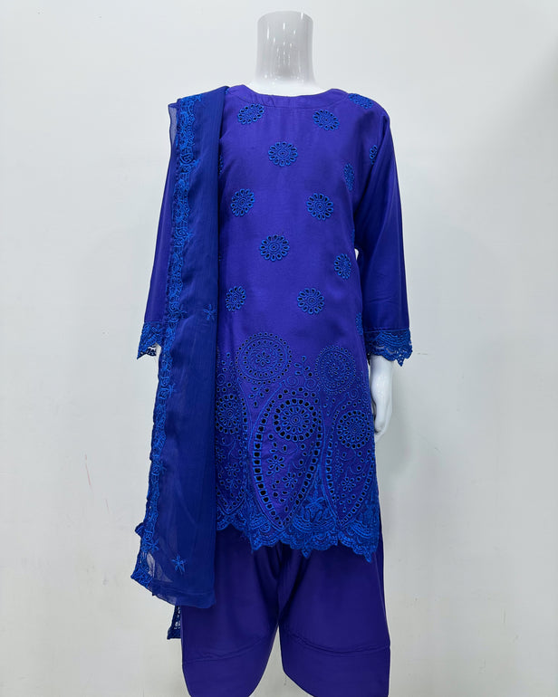 Simrans Girls Boho Chikankari Cobalt Blue Embroidered Farshi Suit