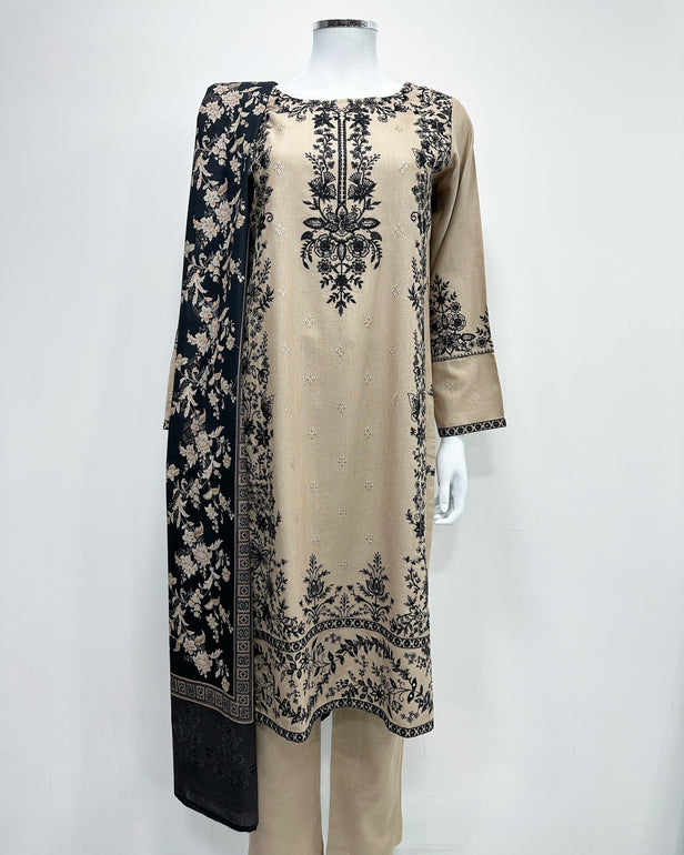 RAFIA Designer Beige Contrast Khaddar Kameez Suit