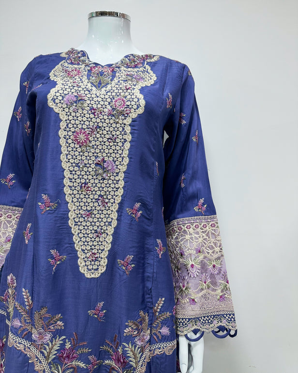 Simrans Ivana Lux Farshi Periwinkle Viscose Embroidered Suit