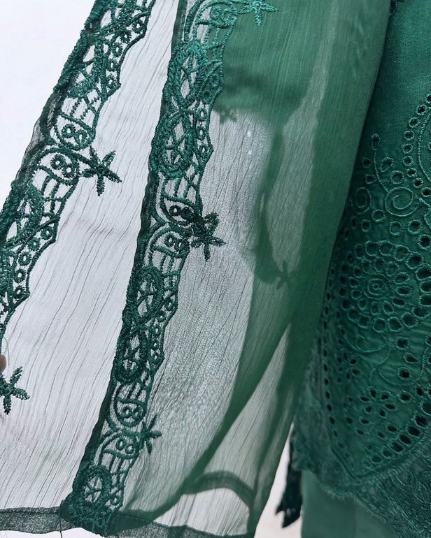 Simrans Girls Boho Chikankari Emerald Green Embroidered Farshi Suit