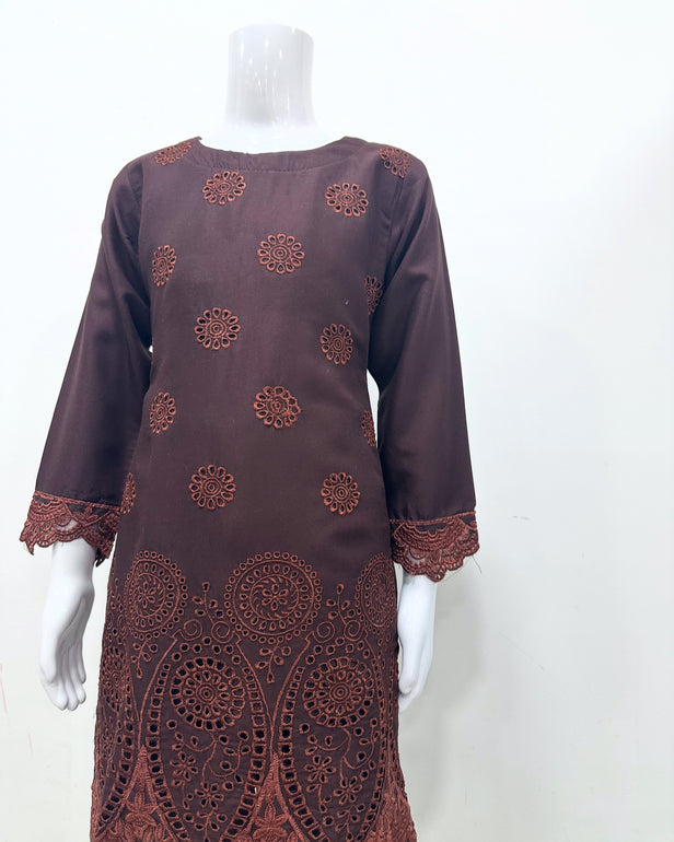 Simrans Girls Boho Chikankari Brown Embroidered Farshi Suit