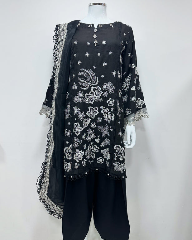 Simrans Ladies Ivana Lux Farshi Black Viscose Embroidered Suit