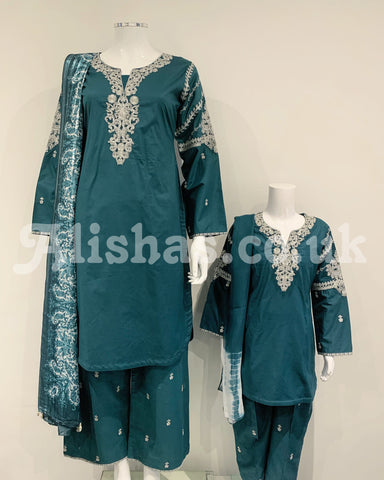 Simrans Teal Girls Embroidered Kameez Suit