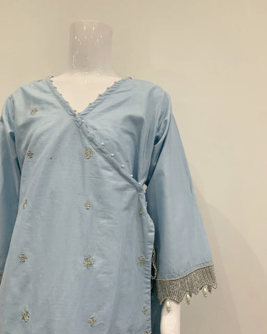 Simrans Pale Blue Girls Embroidered Peplum Suit