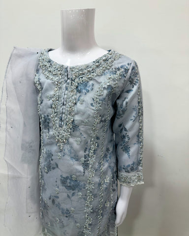 Simrans Girls Ice Blue Fancy Silk Net Kameez Suit