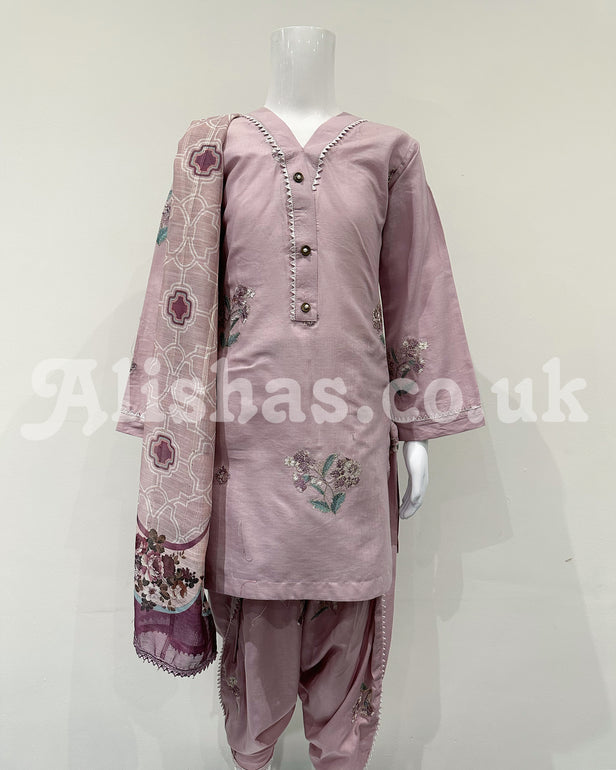 Nazneen Girls Lilac Embroidered Tulip Kameez Suit