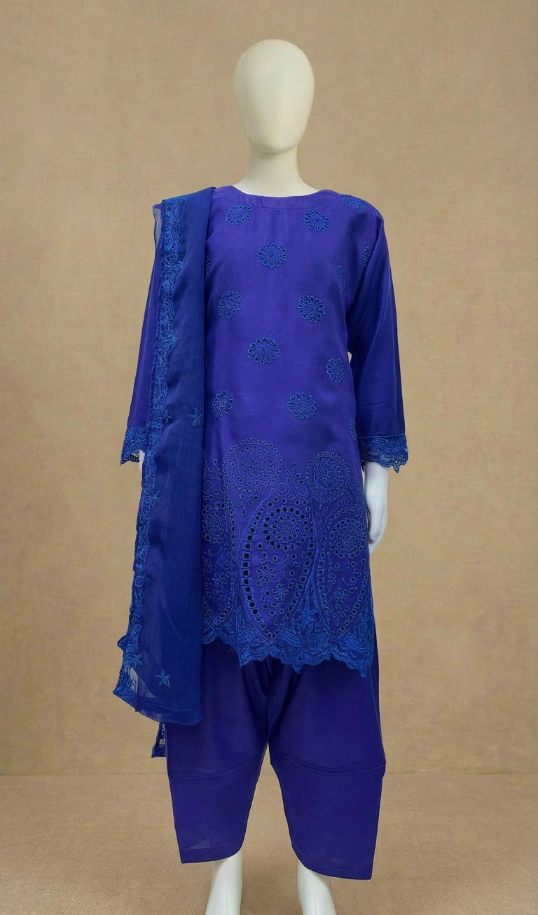 Girls Boho Chikankari Cobalt Blue Embroidered Farshi Suit by Simrans