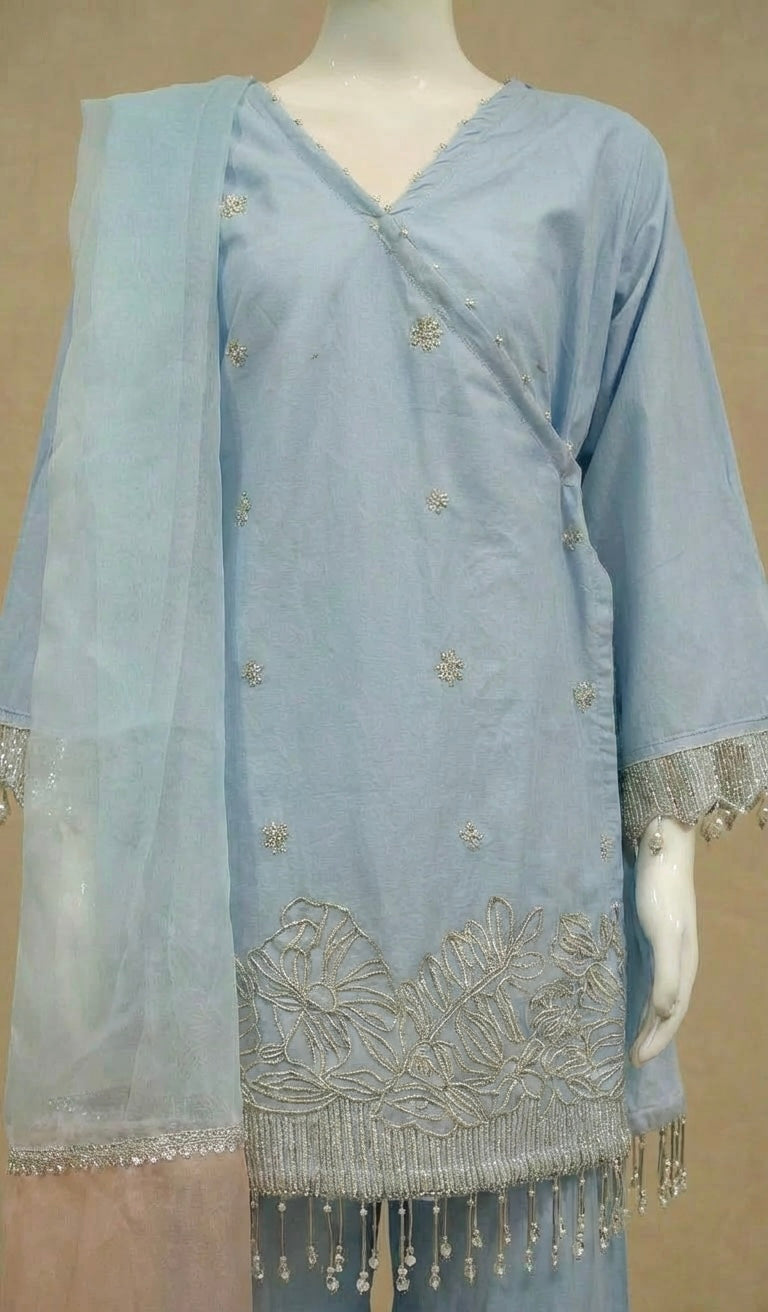 Girls Pale Blue Embroidered Peplum Suit by Simrans