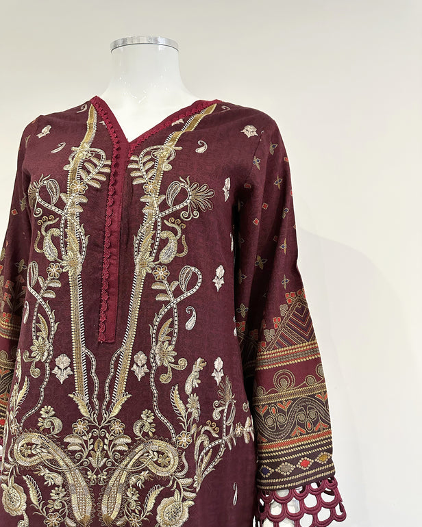 Simrans Deep Red Dhanak Printed Suit