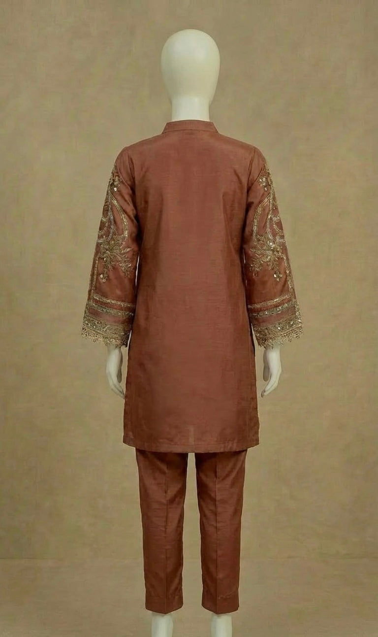 Girls Maria B Inspired Brown Embroidered Silk Suit by Simrans