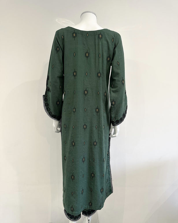 Simrans Sage Black Embroidered Jacquard Khaddar Embroidered Suit