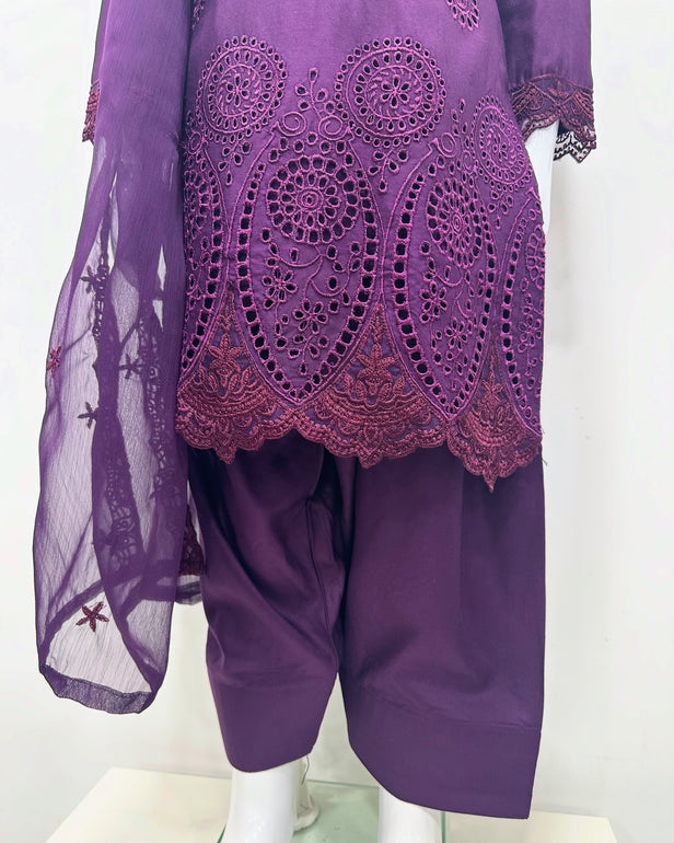 Simrans Girls Boho Chikankari Purple Embroidered Farshi Suit