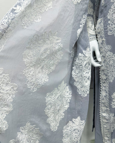 Simrans Jannat Grey White Embroidered Linen Shawl Suit