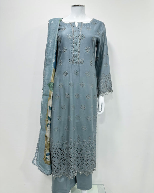 Simrans 'Firdous' Slate Grey Premium Chikankari Kameez Suit