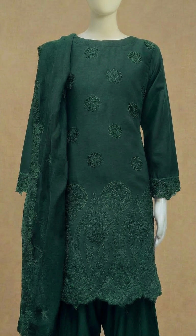 Girls Boho Chikankari Emerald Green Embroidered Farshi Suit by Simrans