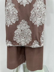 Simrans Jannat Mocha Contrast White Embroidered Linen Shawl Suit