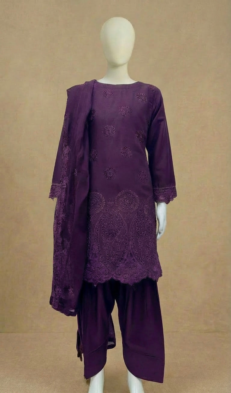 Girls Boho Chikankari Purple Embroidered Farshi Suit by Simrans