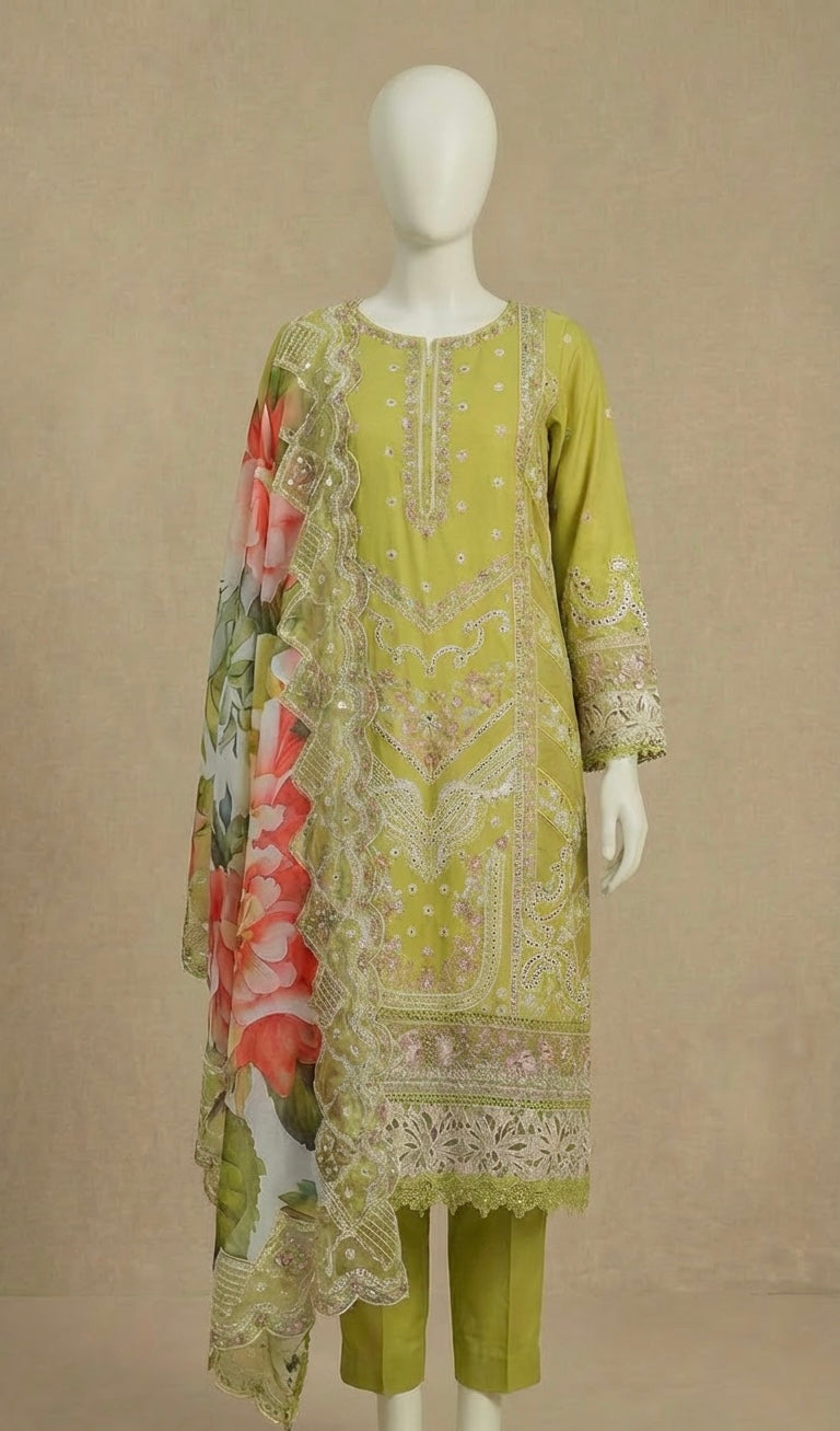 Luxury Cotton Olive Embroidered Suit by Rafia