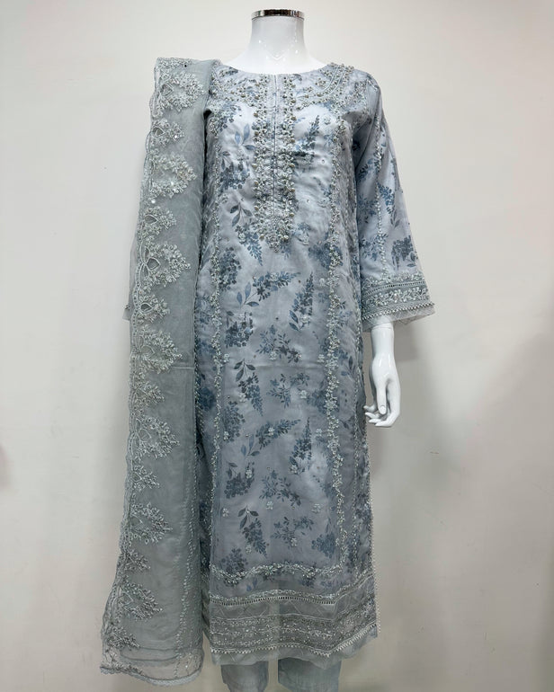 Simrans Ladies Ice Blue Fancy Silk Net Kameez Suit