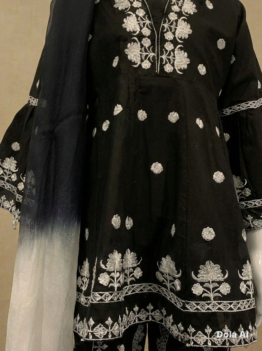 Girls Black Dress Embroidered Suit by Simrans