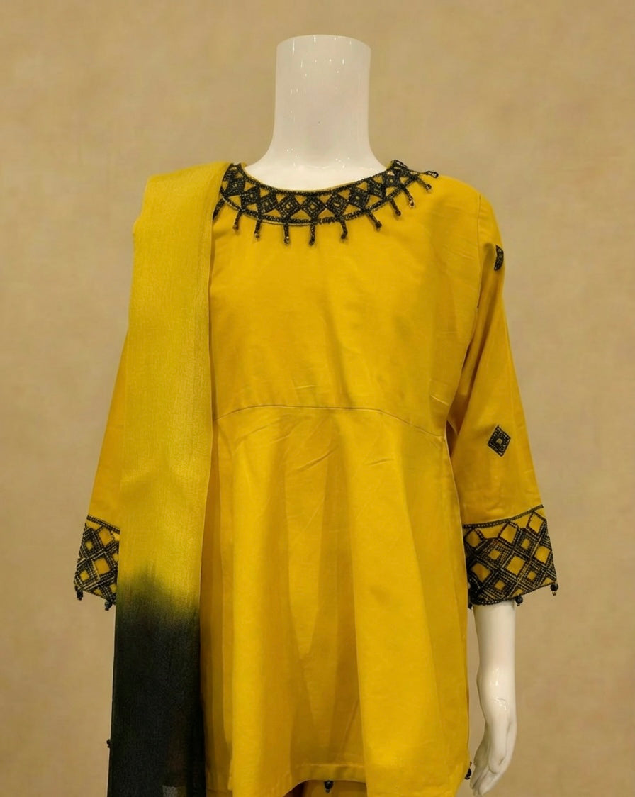Girls Mustard Embroidered Peplum Suit by Simrans